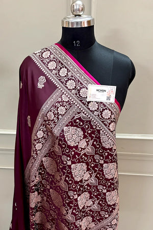 Wine Rose Buti Katan Silk Banarasi Saree