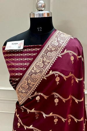 Wine Rowa Laher Katan Silk Banarasi Saree