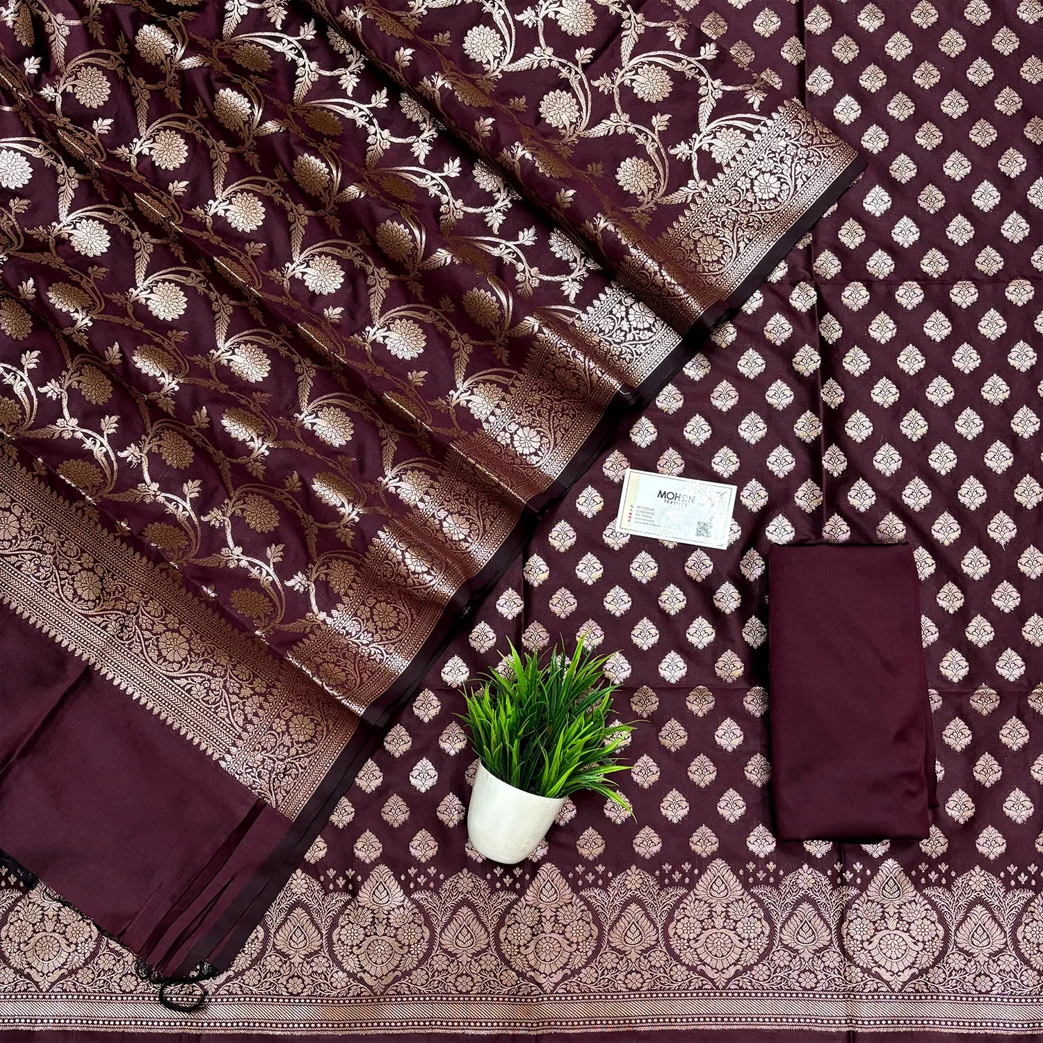 Wine Singhasan Buti Semi Katan Silk Banarasi Suit