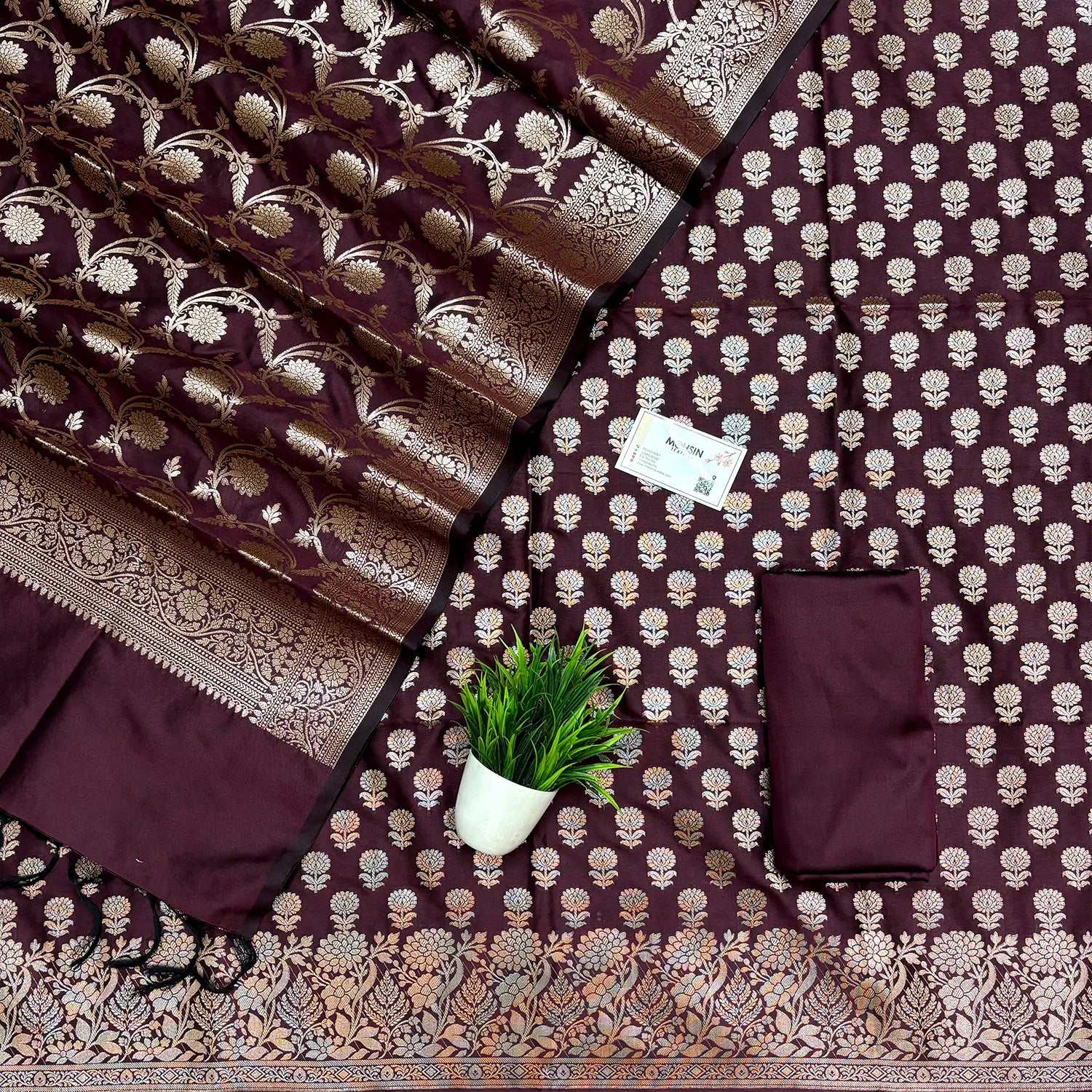 Wine Sunflower Semi Katan Silk Banarasi Suit