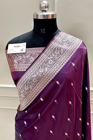 Wine Tilak Buti Katan Silk Banarasi Saree