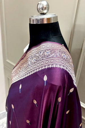 Wine Tilak Buti Katan Silk Banarasi Saree