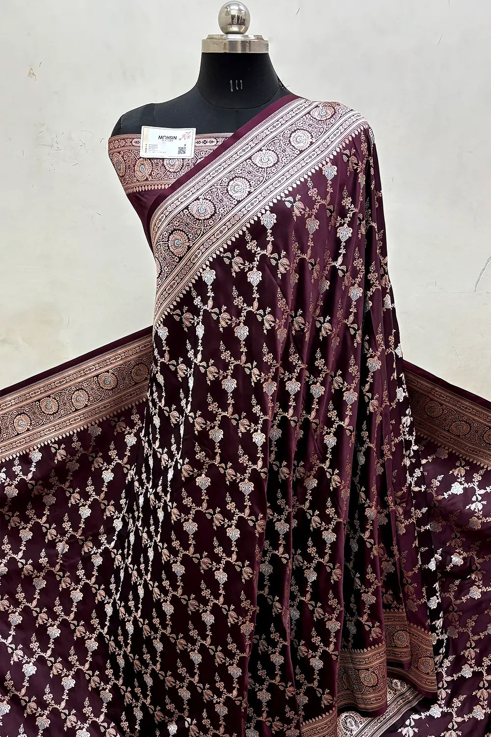 Wine Zari Katan Mashru Silk Banarasi Saree