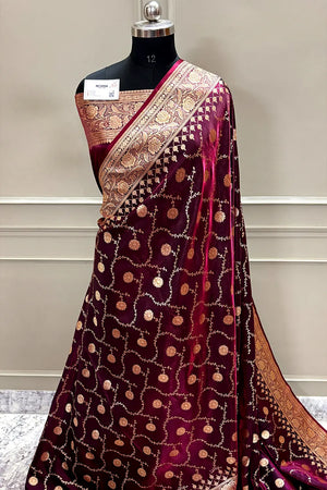 Wine Zari Katan Silk Banarasi Saree