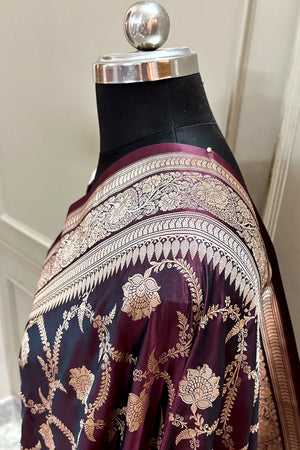 Wine Zari Katan Silk Banarasi Saree