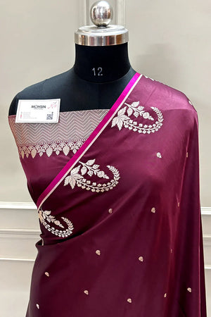 Wine Zari Katan Mashru Silk Banarasi Saree