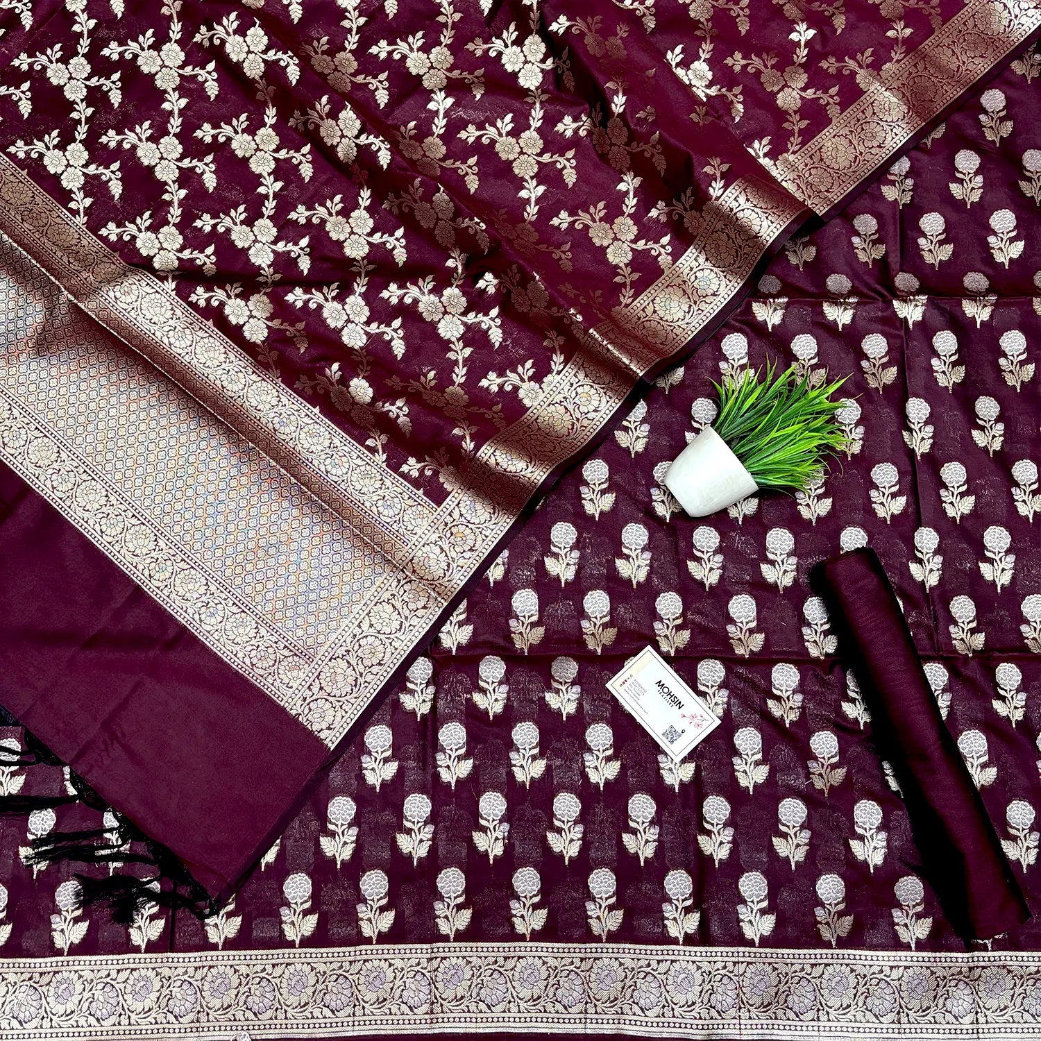 Wine Zari Katan Silk Banarasi Suit
