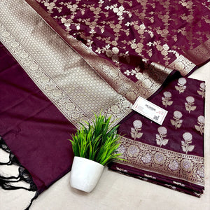 Wine Zari Katan Silk Banarasi Suit
