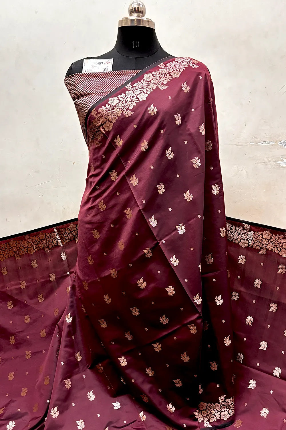 Wine Zari Semi Katan Silk Banarasi Saree