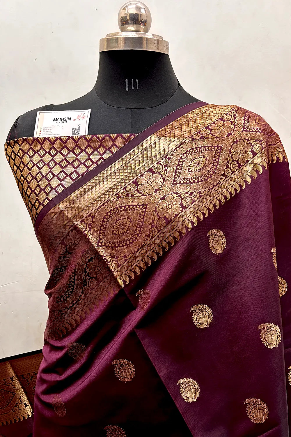 Wine Zari Semi Katan Silk Banarasi Saree