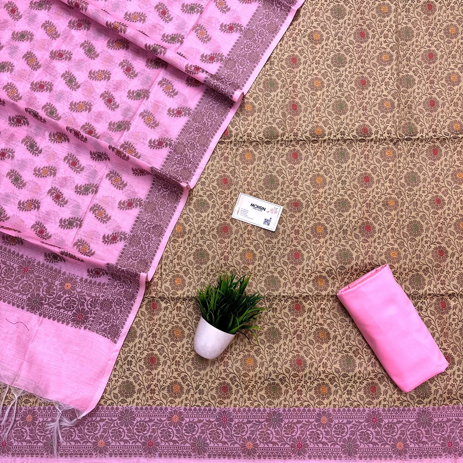 Yellow and Baby Pink Resham Banarasi Silk Suit