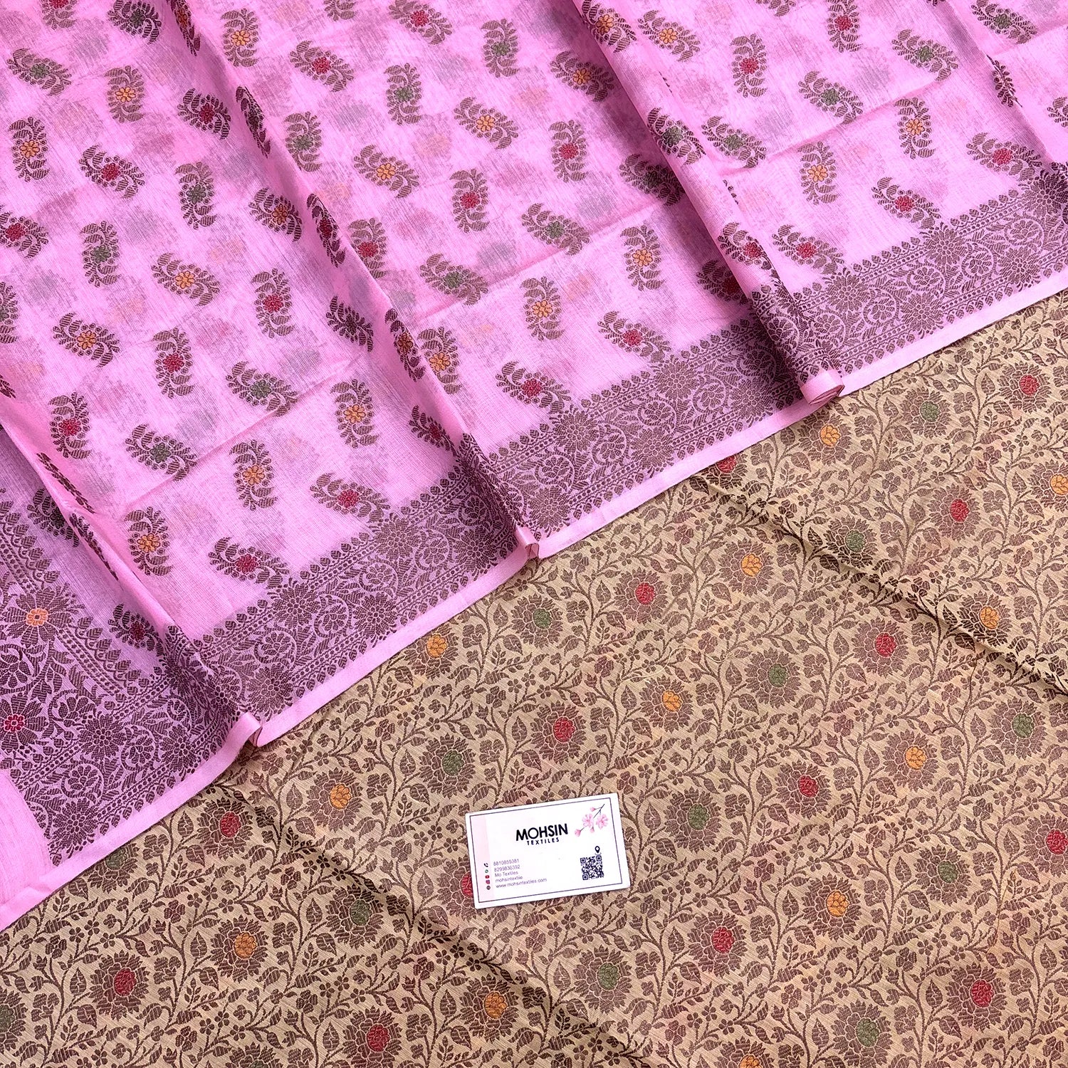 Yellow and Baby Pink Resham Banarasi Silk Suit
