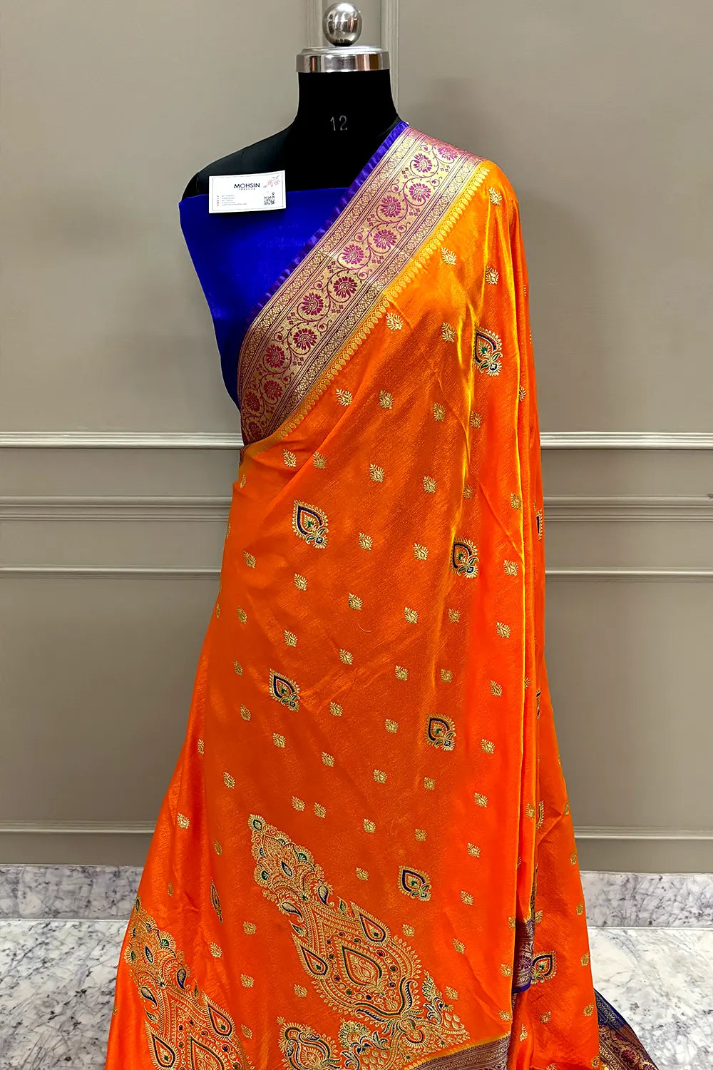 Yellow and Blue Golden Zari Satin Silk Banarasi Saree