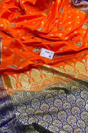 Yellow and Blue Golden Zari Satin Silk Banarasi Saree