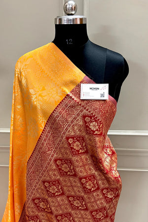 Yellow and Maroon Zari Banarasi Silk Saree