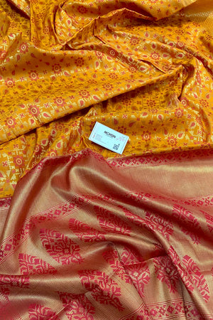 Yellow and Orange Zari Silk Banarasi Saree
