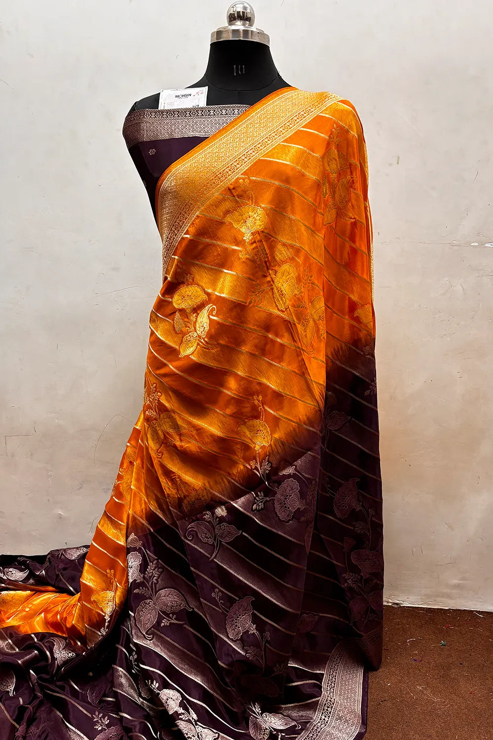 Yellow and Purple Zari Viscose Georgette Silk Banarasi Saree