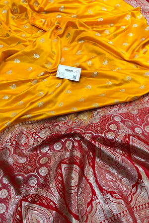 Yellow and Red Chaman Buti Katan Silk Banarasi Saree