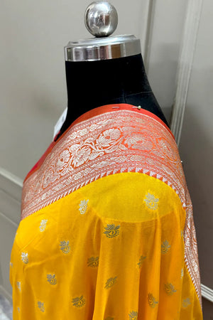 Yellow and Red Ghonga Buti Katan Silk Banarasi Saree