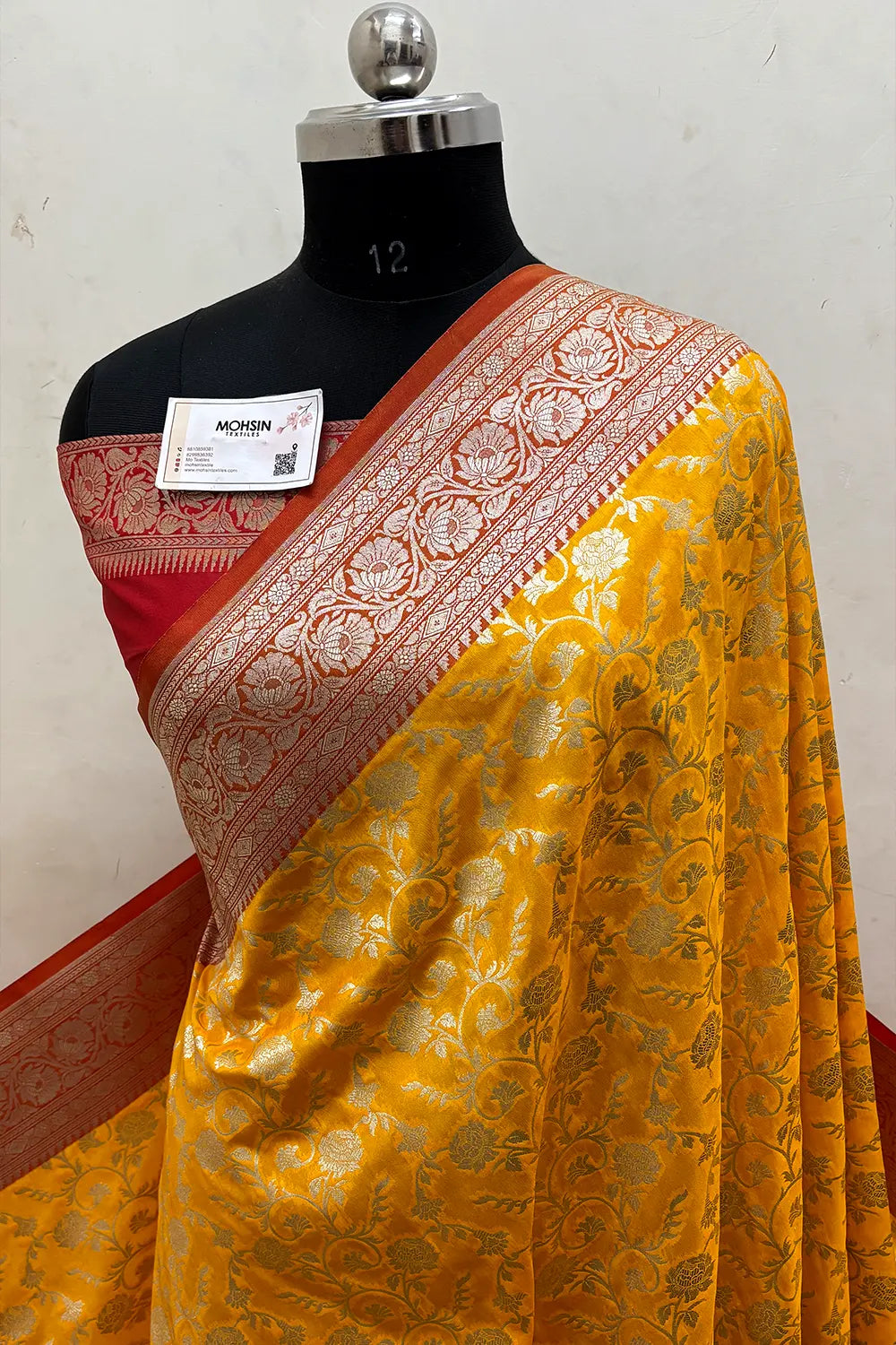 Yellow and Red Gulabi Jaal Katan Silk Banarasi Saree