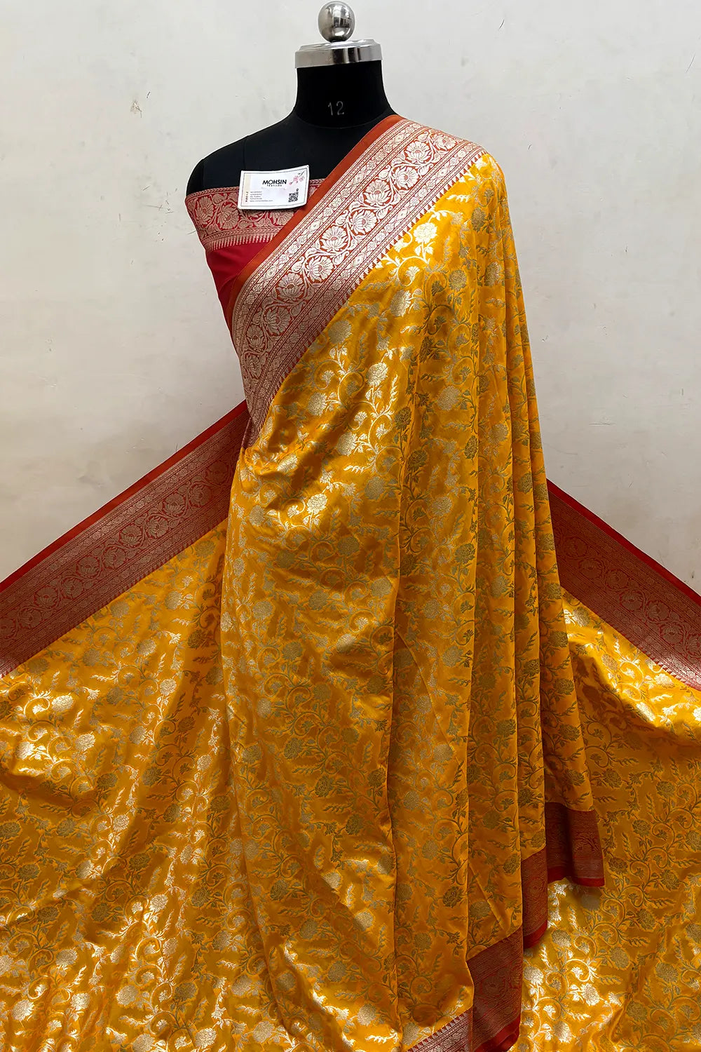 Yellow and Red Gulabi Jaal Katan Silk Banarasi Saree