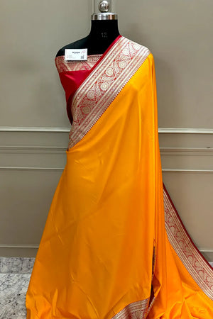 Yellow and Red Royal Plain Katan Silk Banarasi Saree