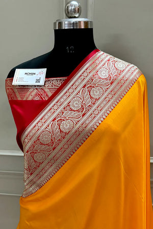 Yellow and Red Royal Plain Katan Silk Banarasi Saree