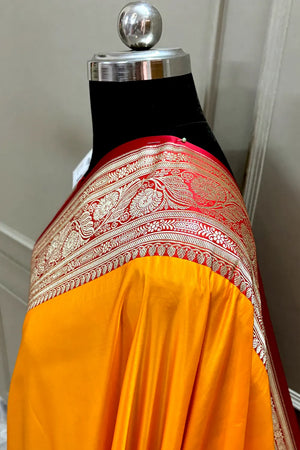 Yellow and Red Royal Plain Katan Silk Banarasi Saree