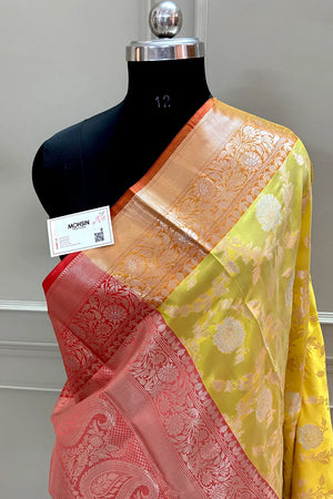 Yellow and Red Zari Banarasi Silk Saree