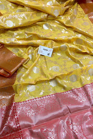 Yellow and Red Zari Banarasi Silk Saree