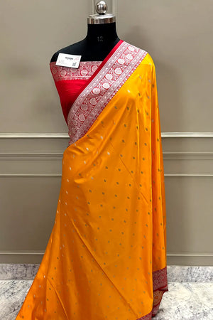 Yellow and Red Zari Katan Mashru Silk Banarasi Saree