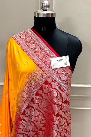 Yellow and Red Zari Katan Mashru Silk Banarasi Saree
