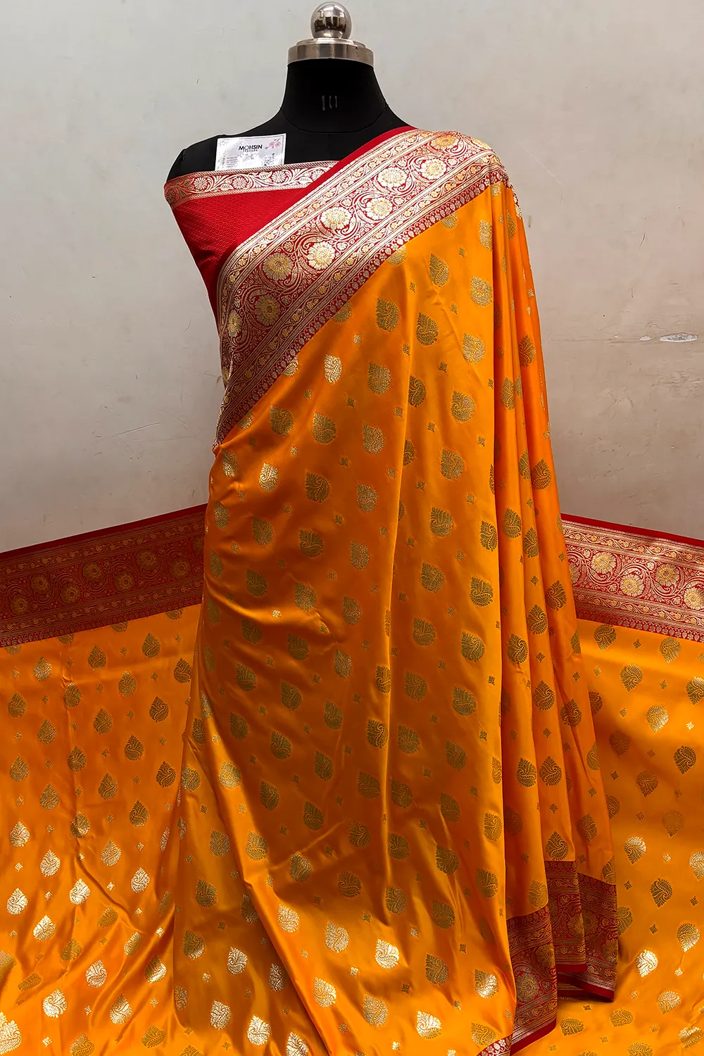 Yellow and Red Zari Katan Silk Banarasi Saree