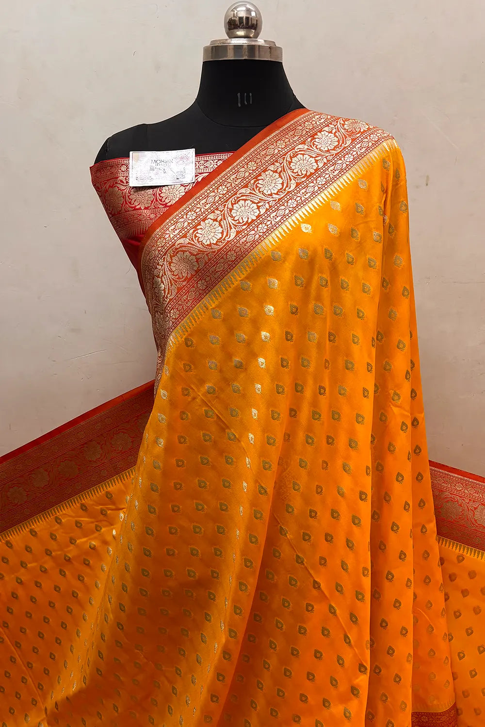 Yellow and Red Zari Katan Silk Banarasi Saree
