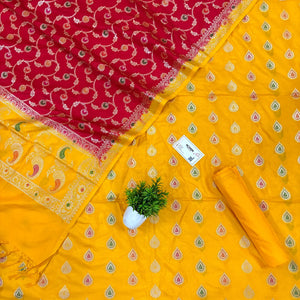 Yellow and Red Zari Katan Silk Banarasi Suit