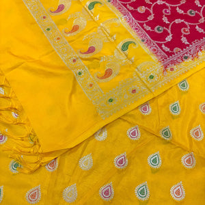 Yellow and Red Zari Katan Silk Banarasi Suit