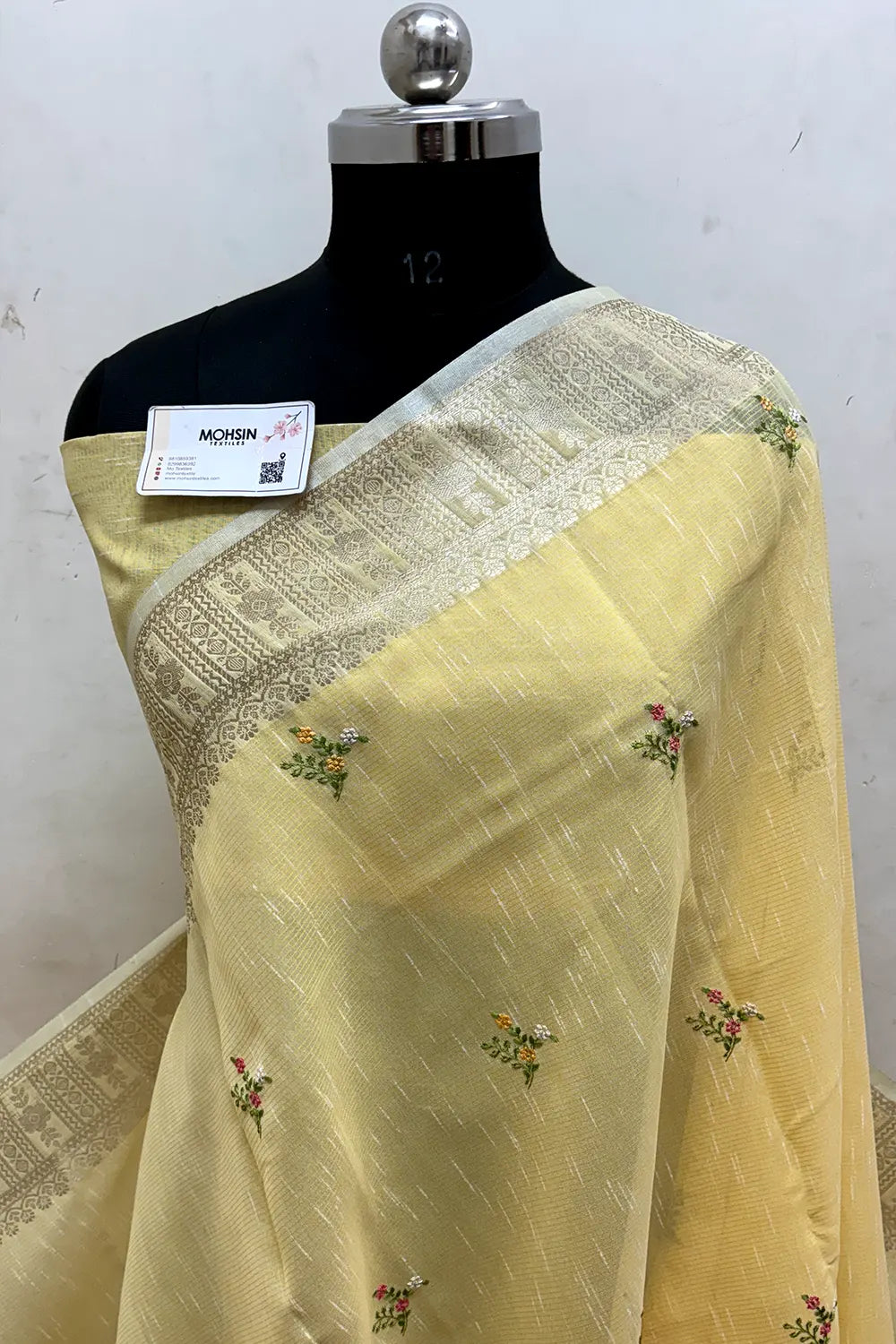 Yellow Embroidery Lilen Silk Banarasi Saree