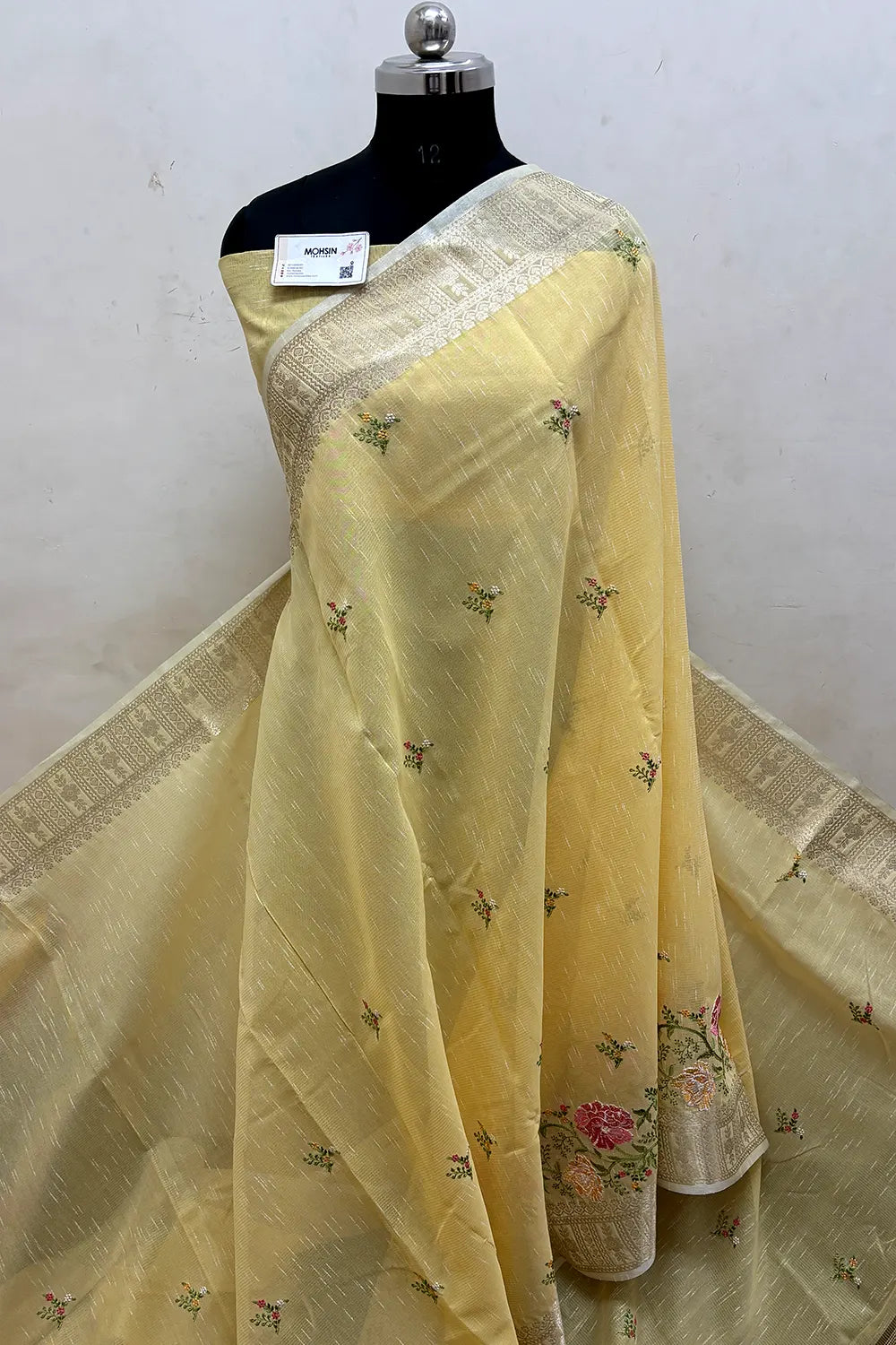 Yellow Embroidery Lilen Silk Banarasi Saree