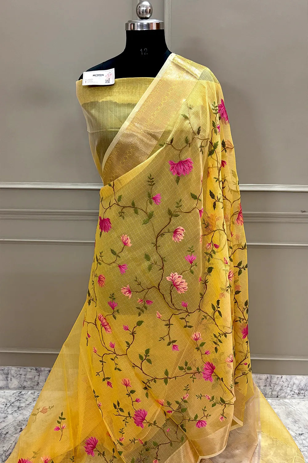 Yellow Embroidery Net Banarasi Saree