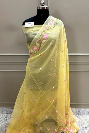Yellow Embroidery Net Banarasi Saree