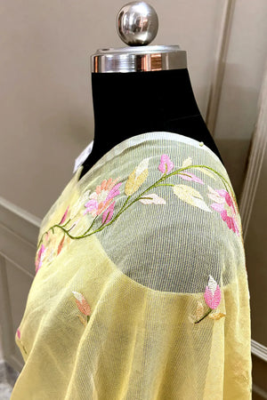 Yellow Embroidery Net Banarasi Saree