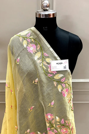 Yellow Embroidery Net Banarasi Saree