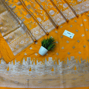 Yellow Ganga Ghat Katan Silk Banarasi Suit