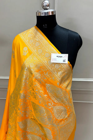 Yellow Golden Flower Katan Silk Banarasi Saree