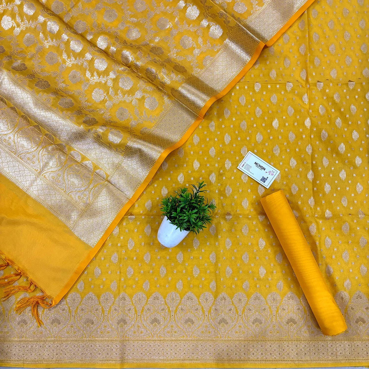 Yellow Kalli Patta Katan Silk Banarasi Suit