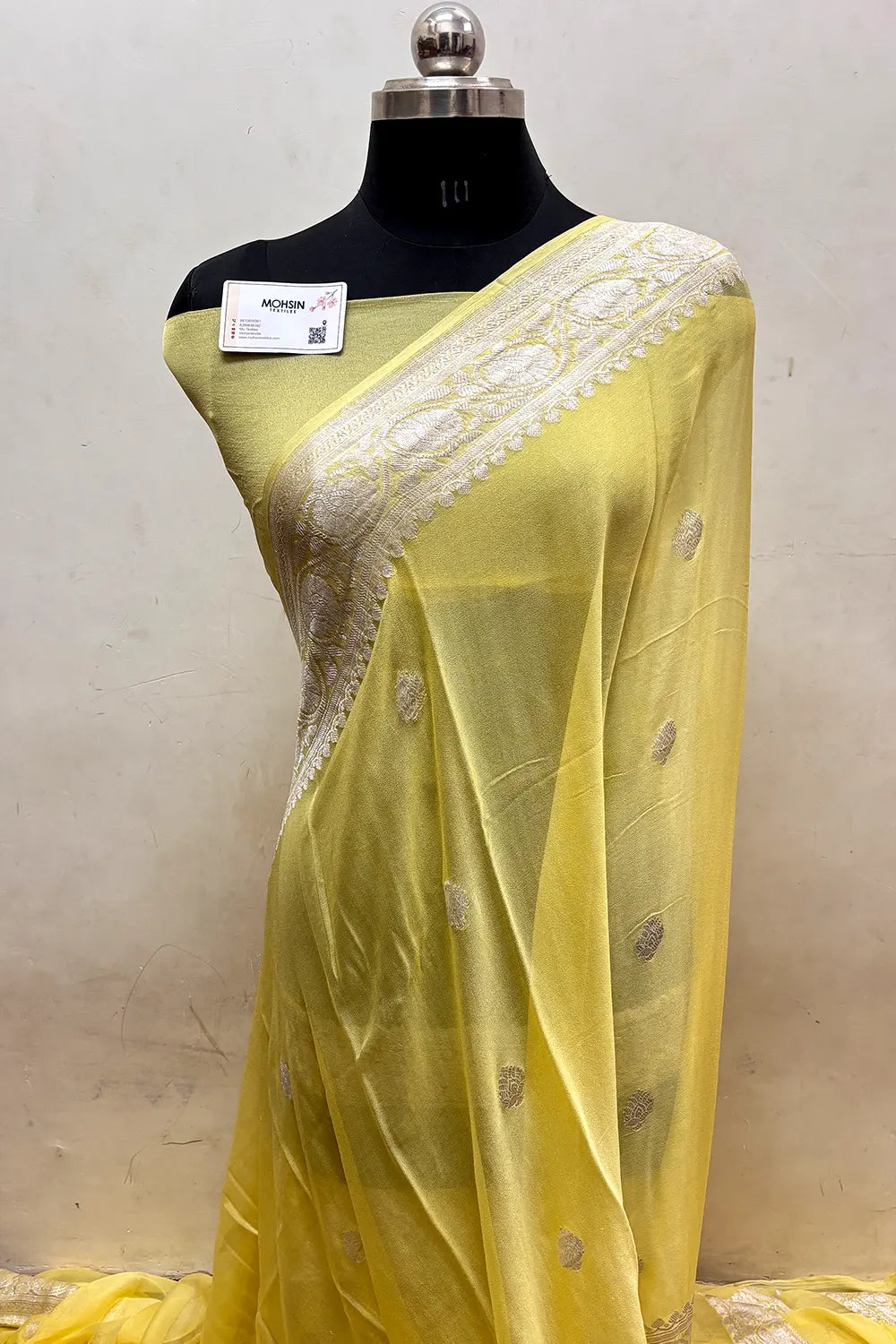 Yellow Pure Khaddi Georgette Silk Banarasi Saree