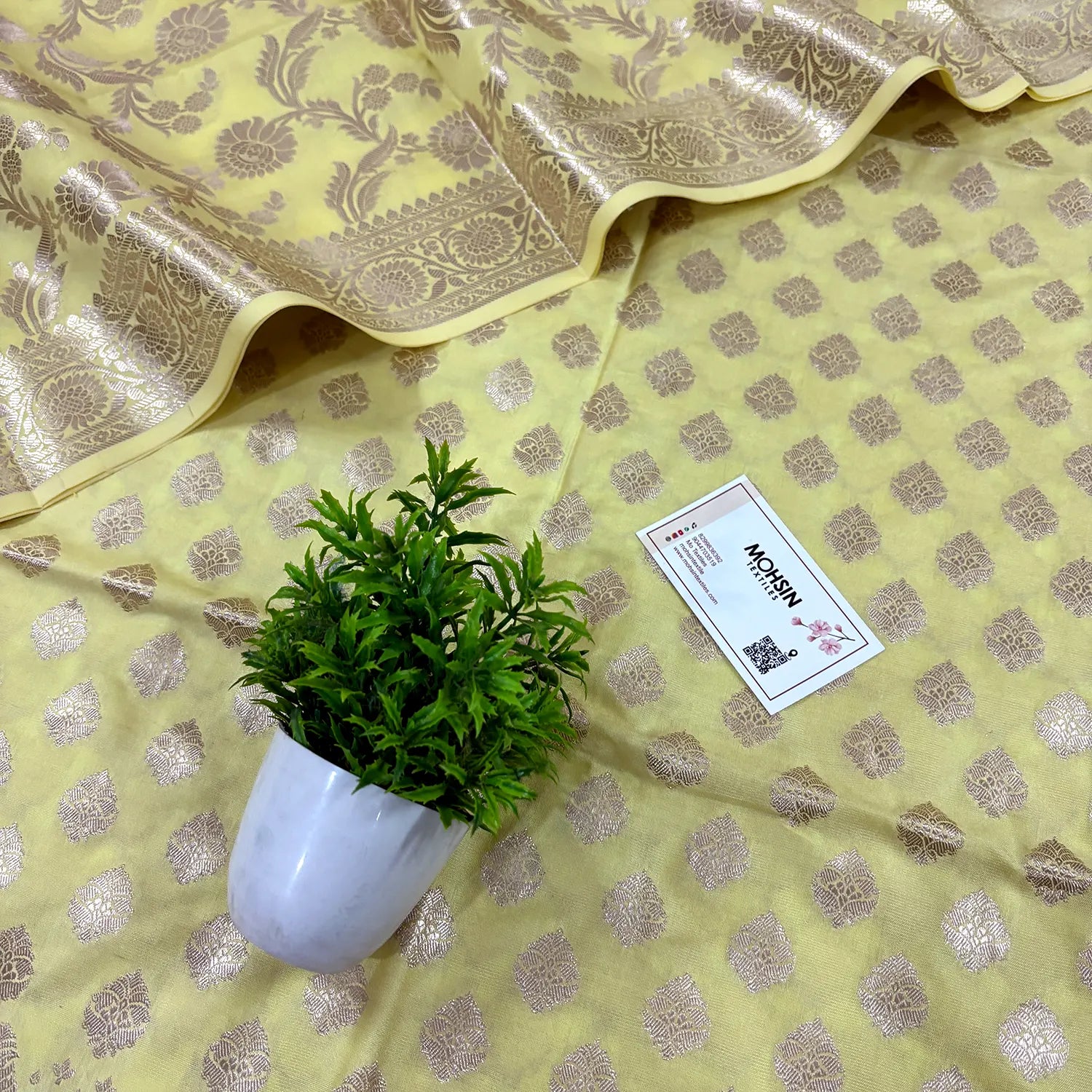 Yellow Singhasan Buti Satin Silk Banarasi Suit