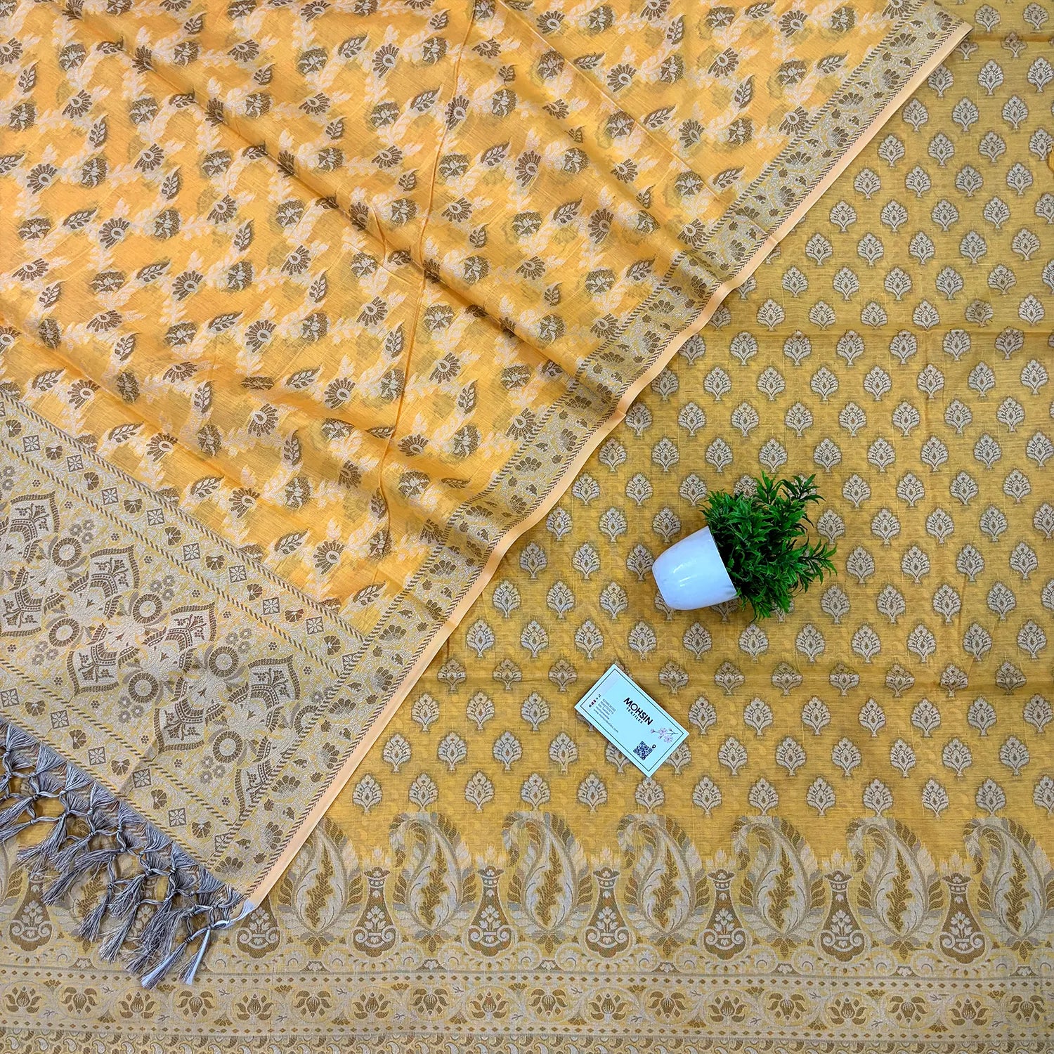 Yellow Surahi Tree Cotton Silk Banarasi Suit