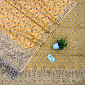 Yellow Surahi Tree Cotton Silk Banarasi Suit
