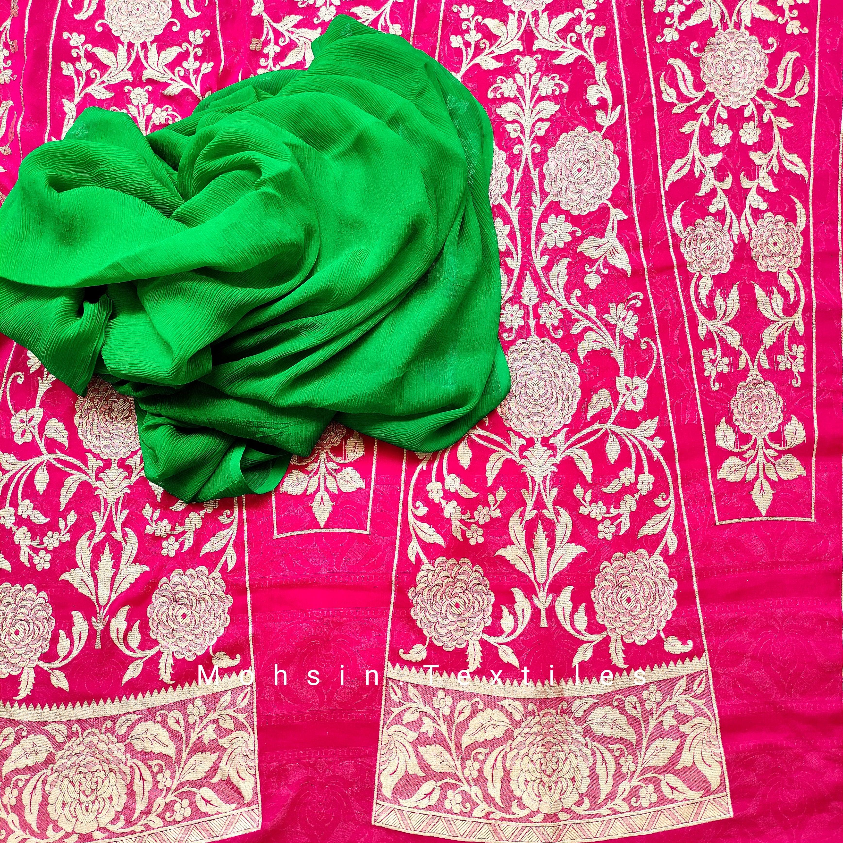 Banarasi Khaddi Chiffon Lahenga Pure Silk with Border Patches (Full Kalli 18 Pcs.) Red Lahenga / Green Dupatta - Mohsin Textiles